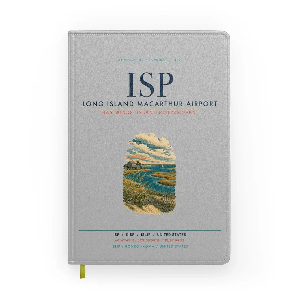 Long Island MacArthur Airport (ISP) design on light gray notebook