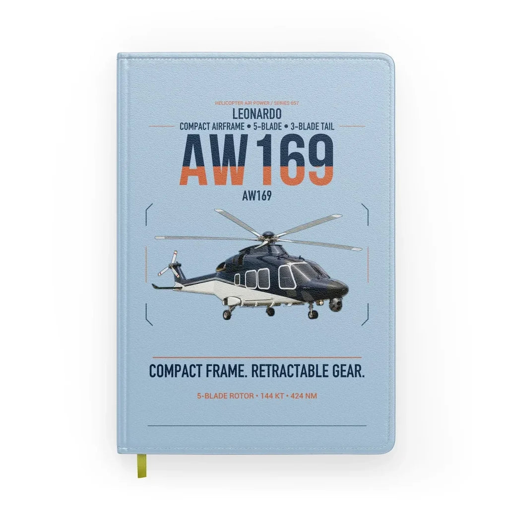 Leonardo AW169 design on light blue notebook