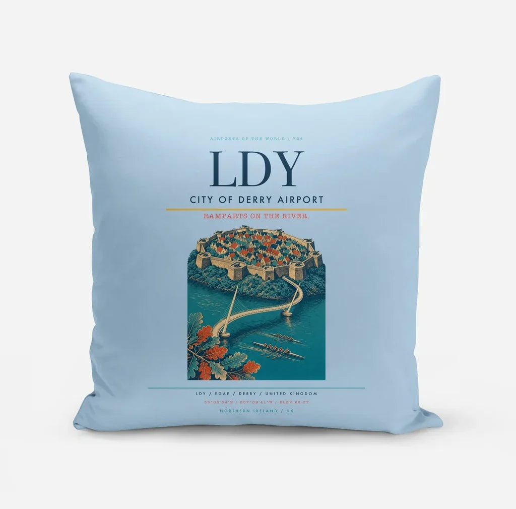 City of Derry Airport (LDY) design on light blue pillow