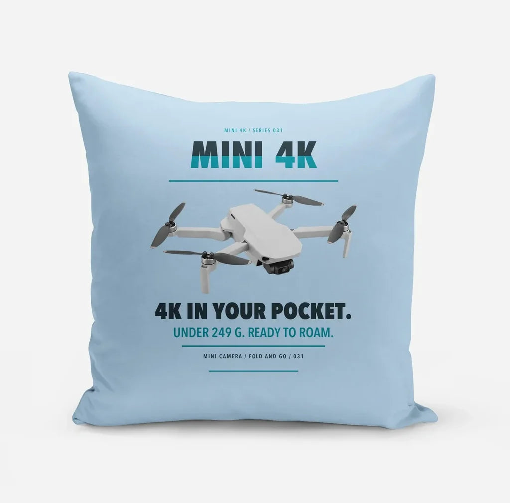 DJI Mini 4K design on light blue pillow