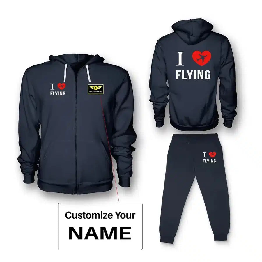 I Love Flying Zipped Hoodie - Dark Blue + Name (Customizable)