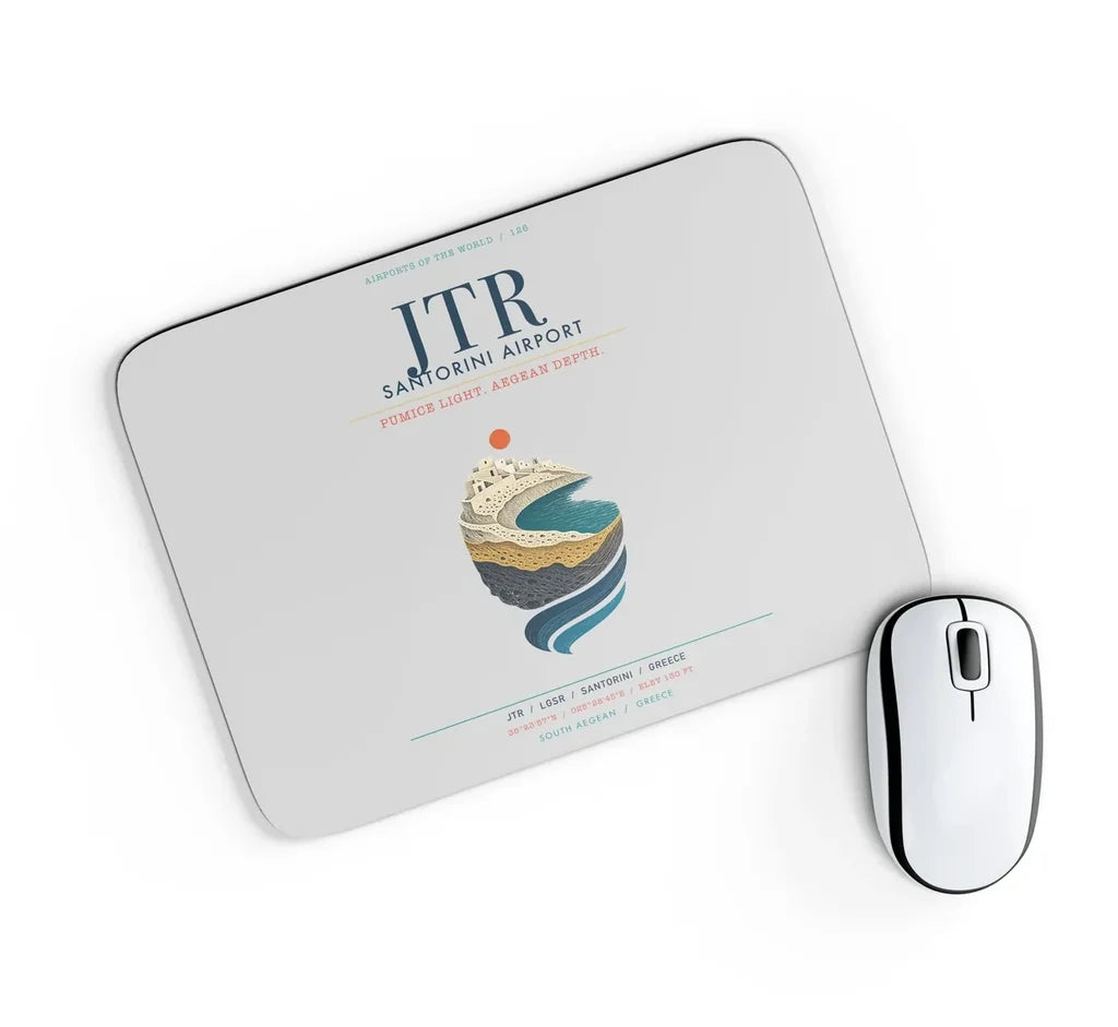 Santorini Airport (JTR) design on light gray rectangle mouse pad