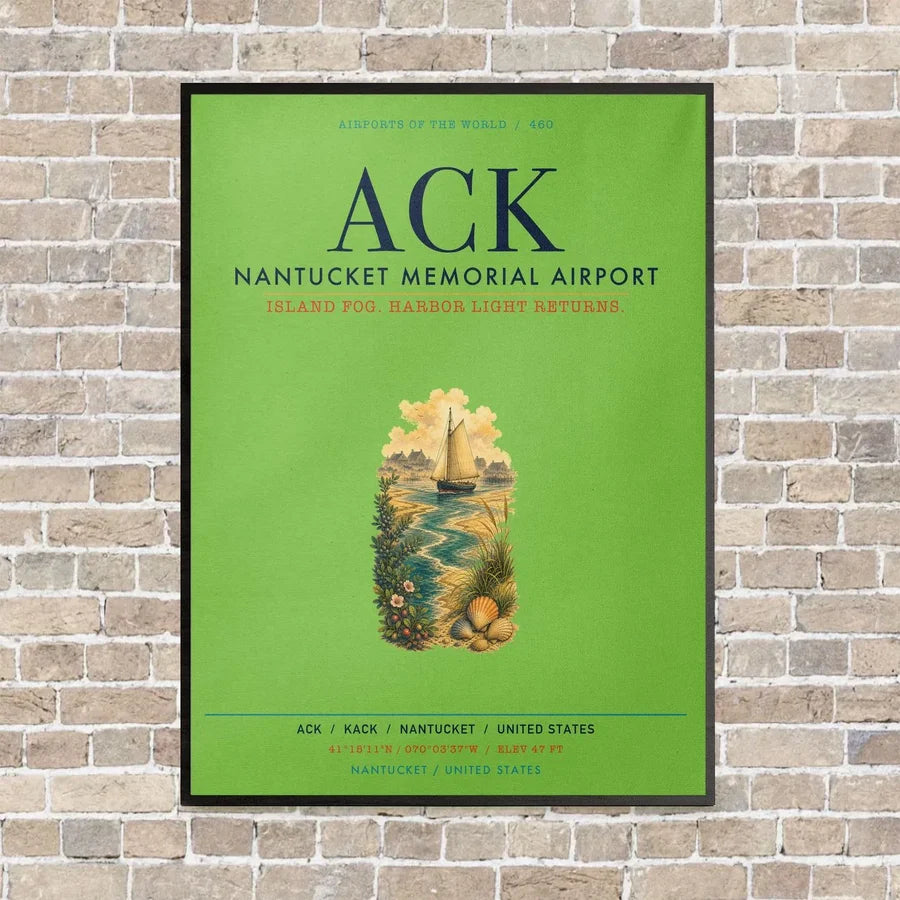 Nantucket Memorial Airport ACK vertical canvas print - framed - light green background