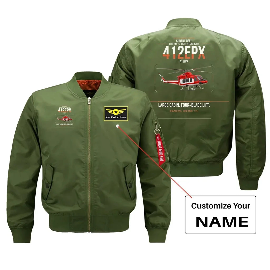 SUBARU Bell 412EPX design on green+name bomber jacket, double-side print
