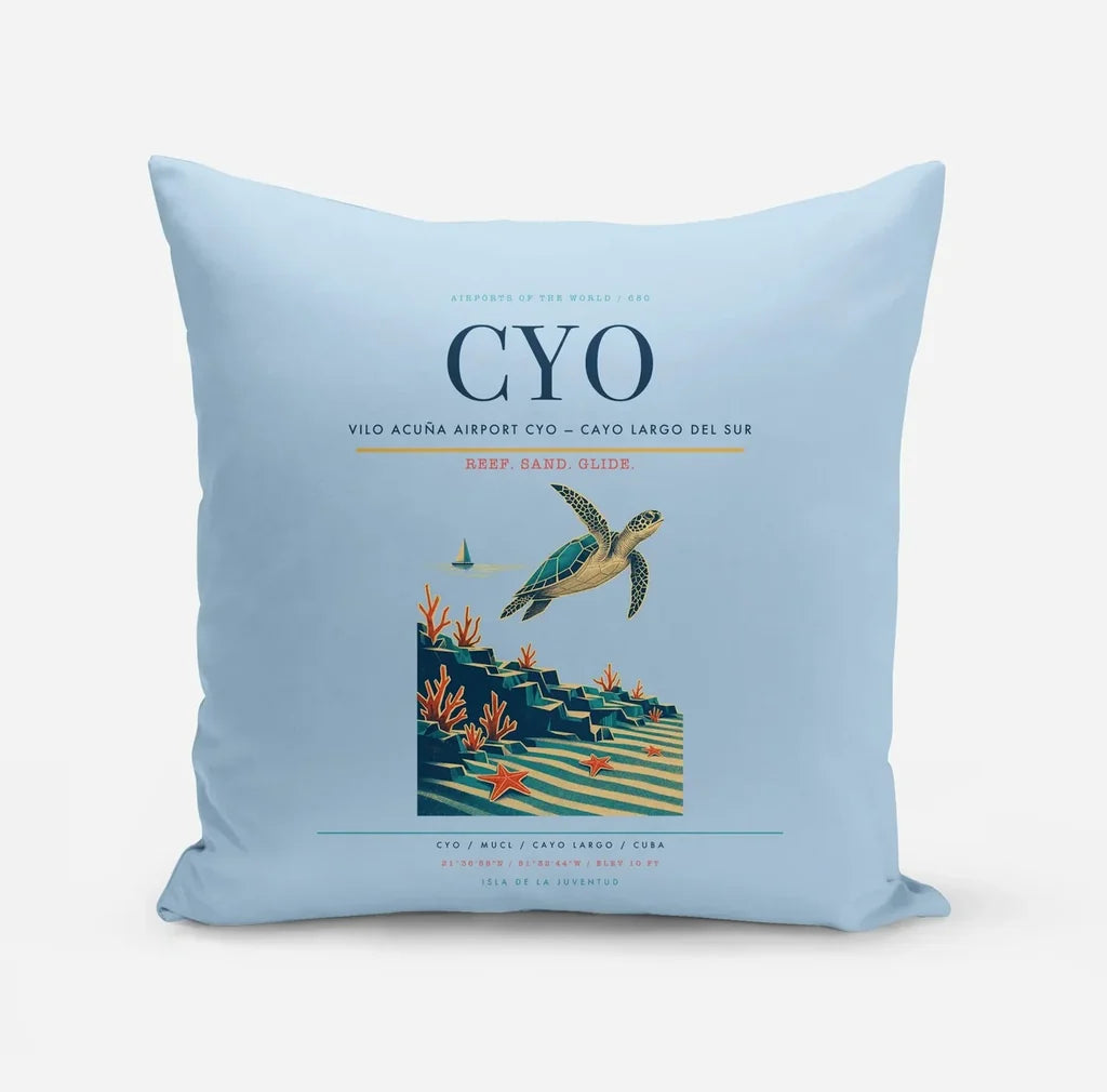 Vilo Acuña Airport (CYO) design on light blue pillow