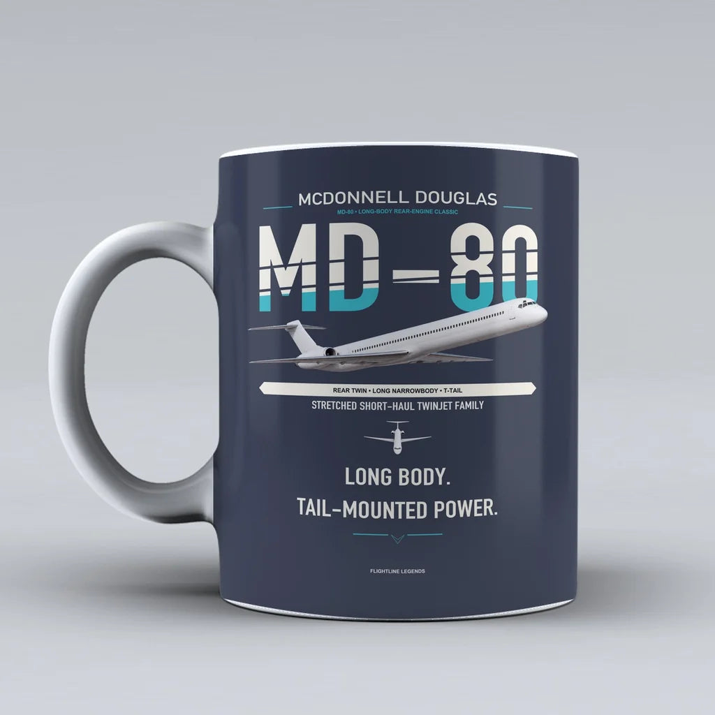 McDonnell Douglas MD-80 design on dark blue ceramic mug, double-side print