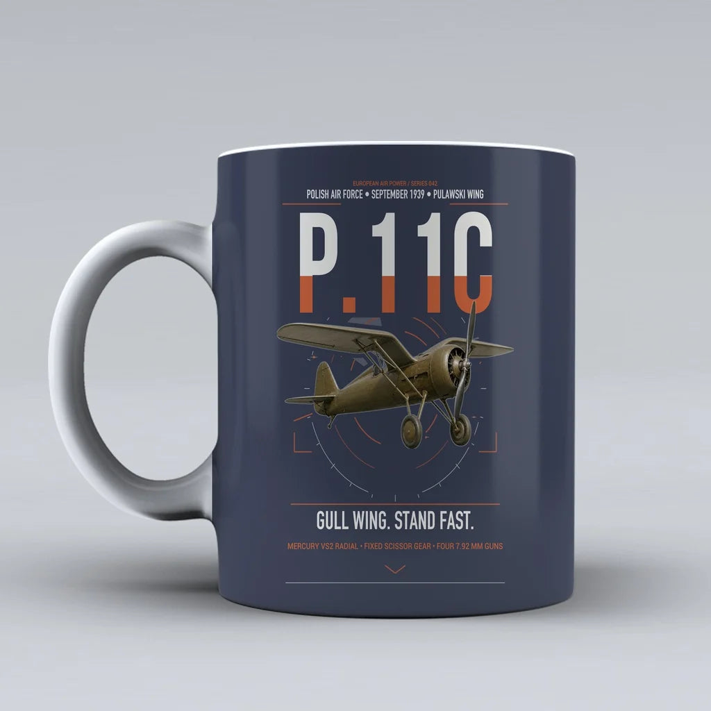 PZL P.11c design on dark blue ceramic mug, double-side print