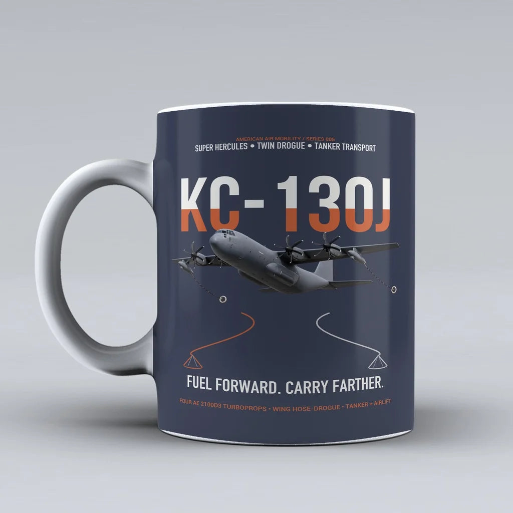 KC-130J SUPER HERCULES design on dark blue ceramic mug, double-side print
