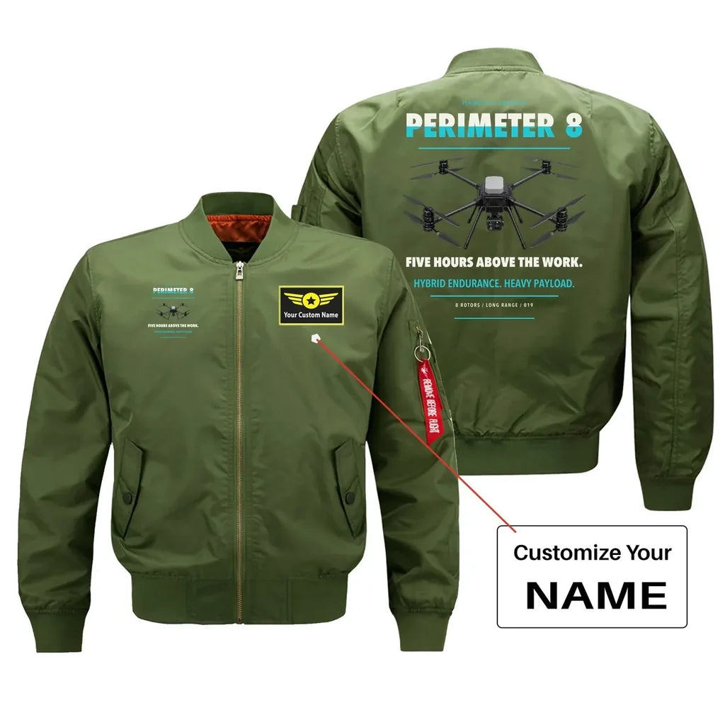 Skyfront Perimeter 8 design on green bomber with custom name badge