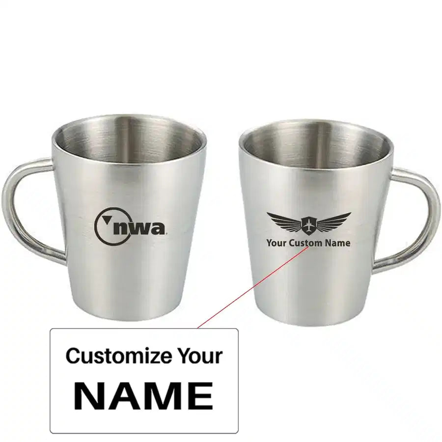 Northwest Airlines (OLD) Stainless Steel Coffee mug, Silver+Name