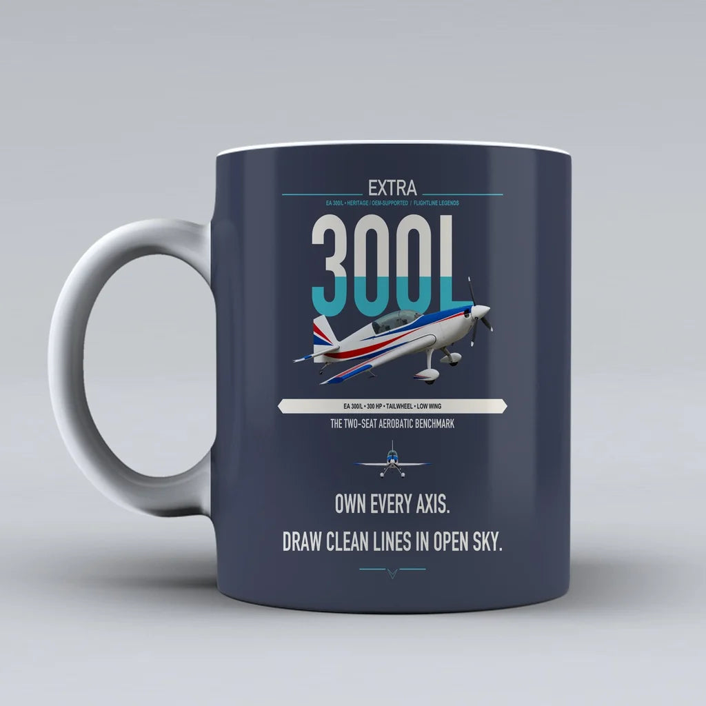 Extra 300L design on dark blue ceramic mug, double-side print