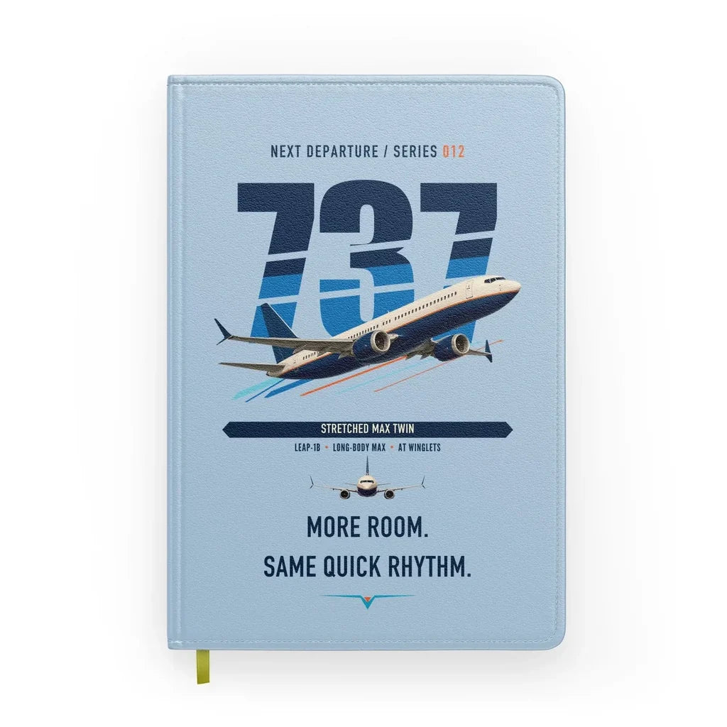 Boeing 737 MAX 9 design on light blue notebook