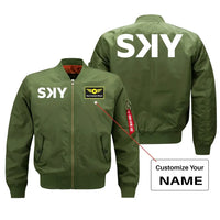 Thumbnail for SKY Airline aviation design with custom name embroidered on green bomber jacket