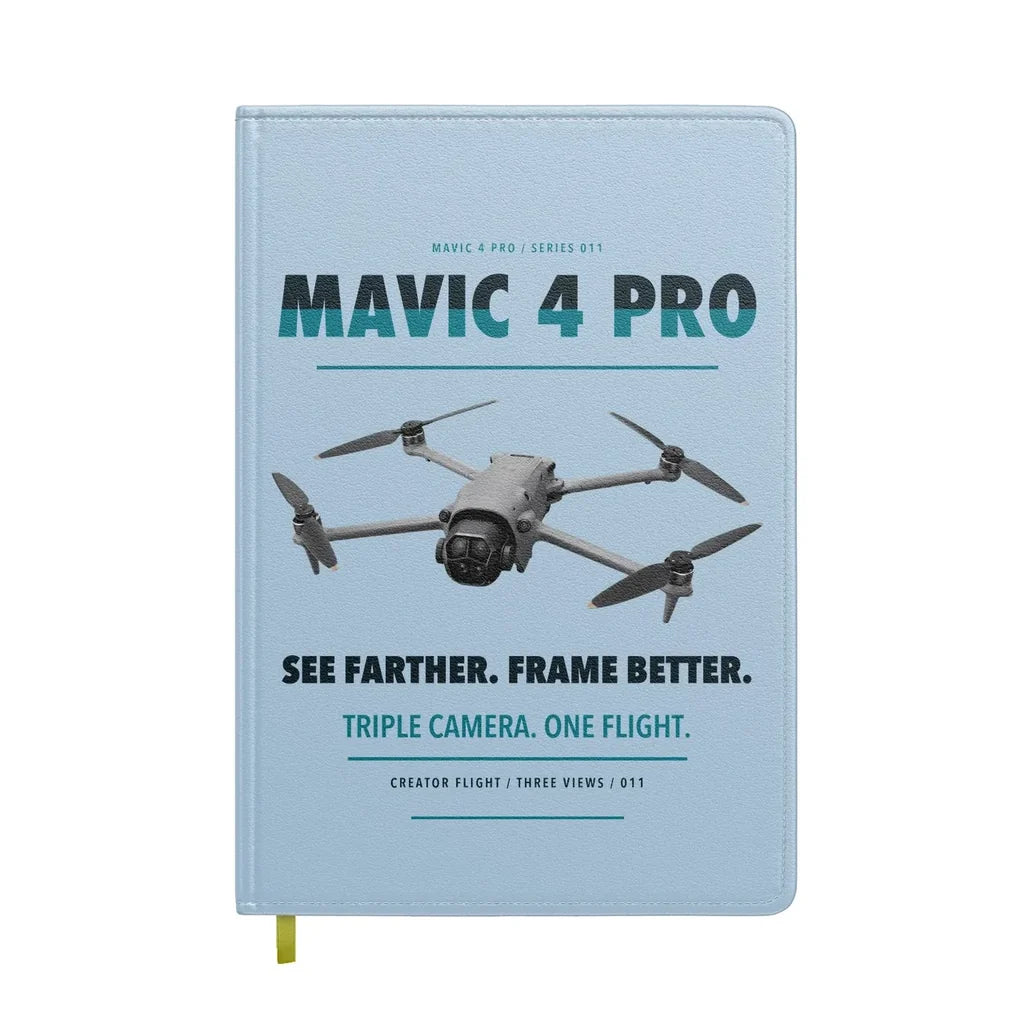 DJI Mavic 4 Pro design on light blue notebook
