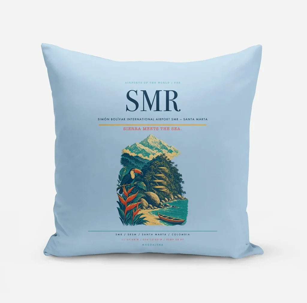 Simón Bolívar International Airport (SMR) design on light blue pillow