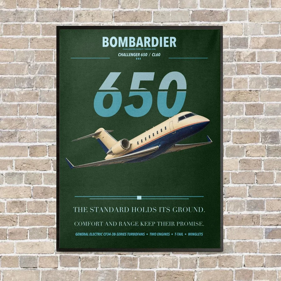 Bombardier Challenger 650 vertical canvas print - framed - dark green background