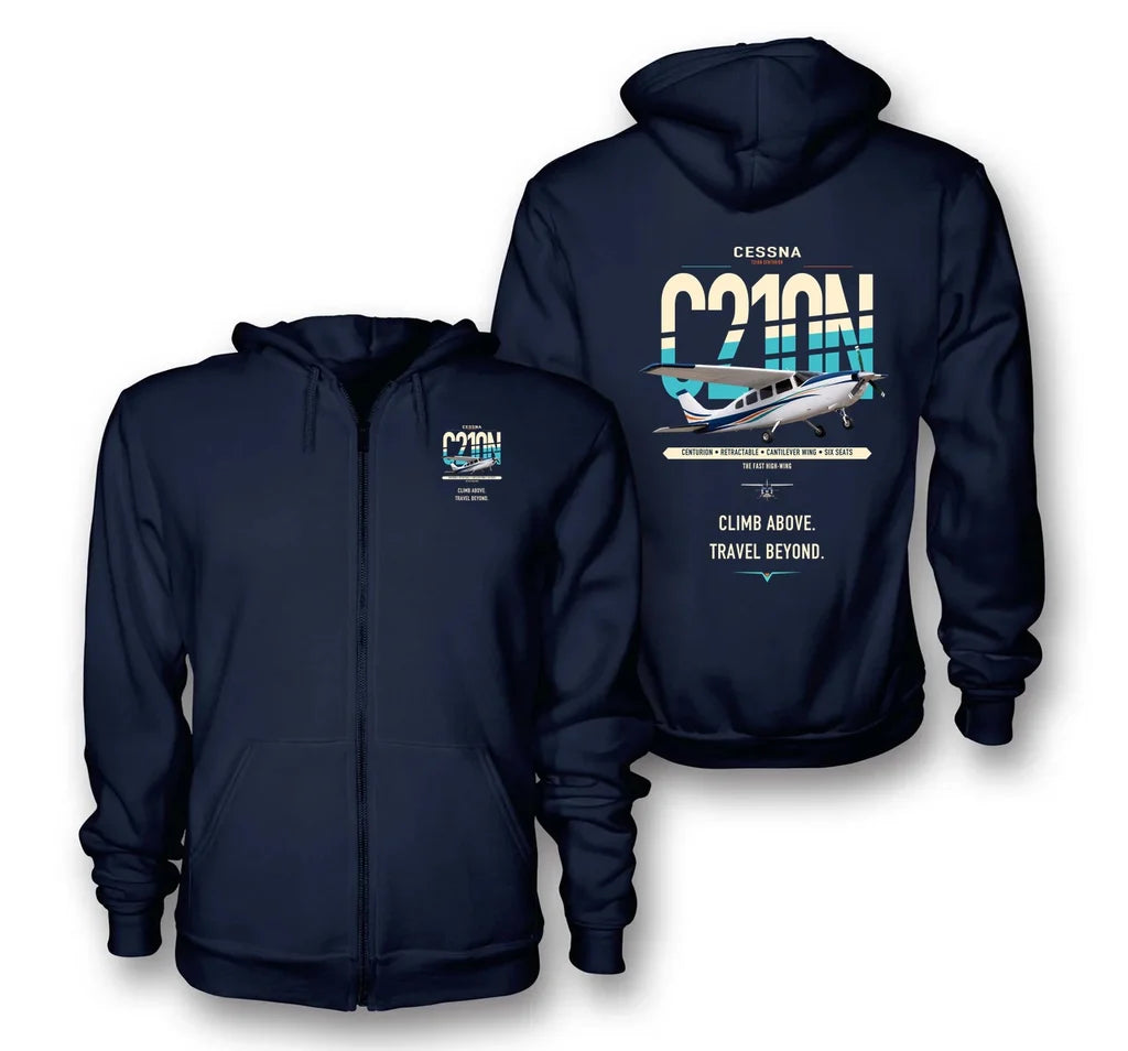 Cessna T210N Centurion design on navy blue premium zipped hoodie, double-side print