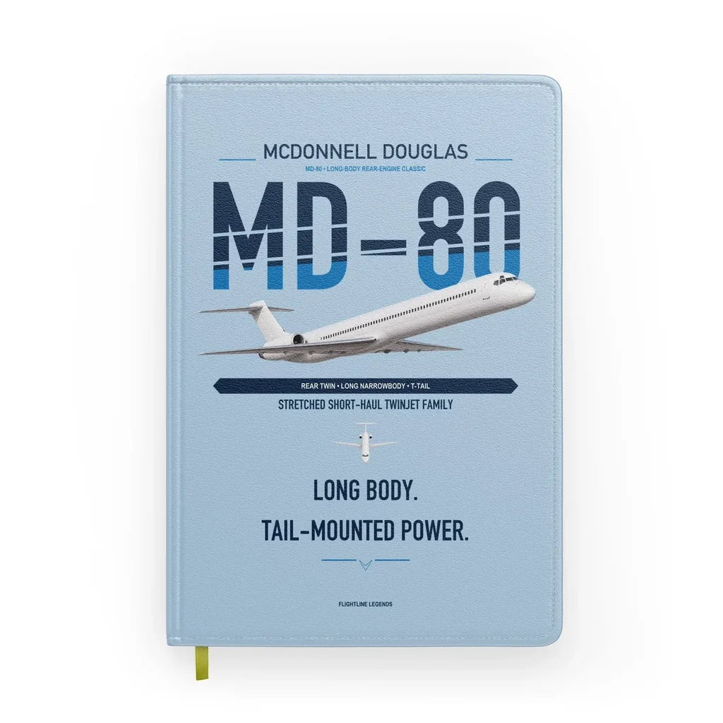 McDonnell Douglas MD-80 design on light blue notebook