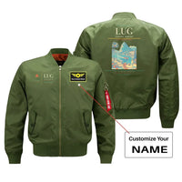 Thumbnail for Lugano Airport (LUG) design on green bomber jacket with custom name patch