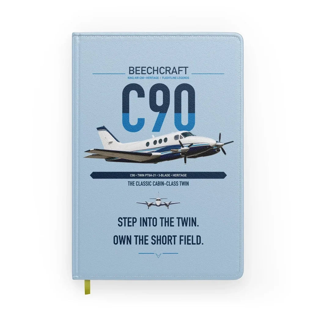 Beechcraft King Air C90 design on light blue notebook