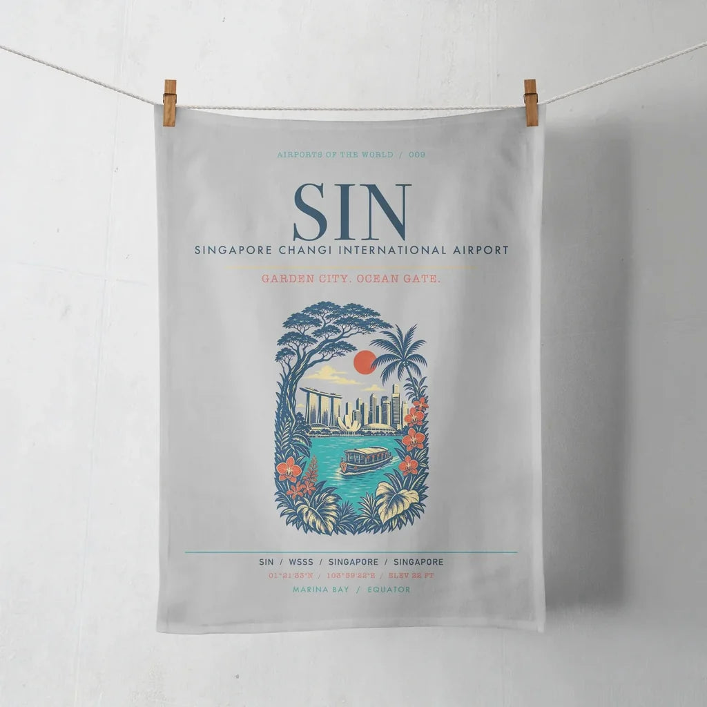 Singapore Changi International Airport (SIN) design on light gray towel