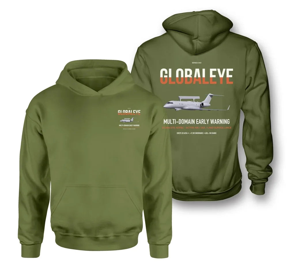 Saab GlobalEye design on green army double-side hoodie, double-side print