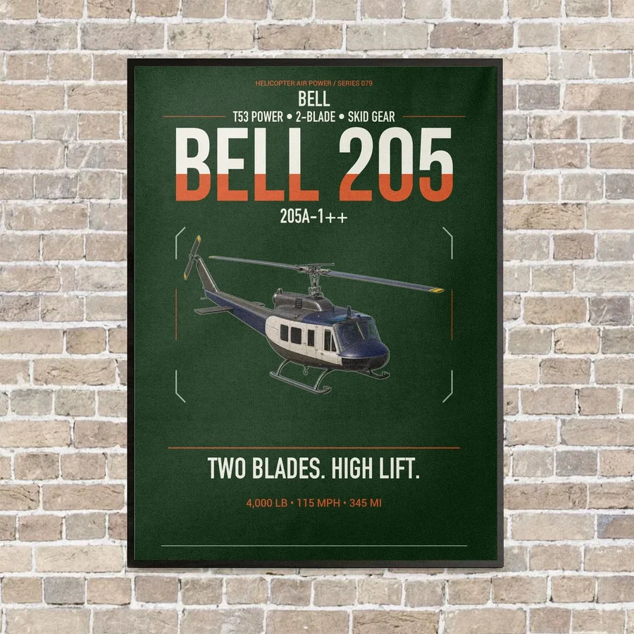 Bell 205A-1++ vertical canvas print - framed - dark green background