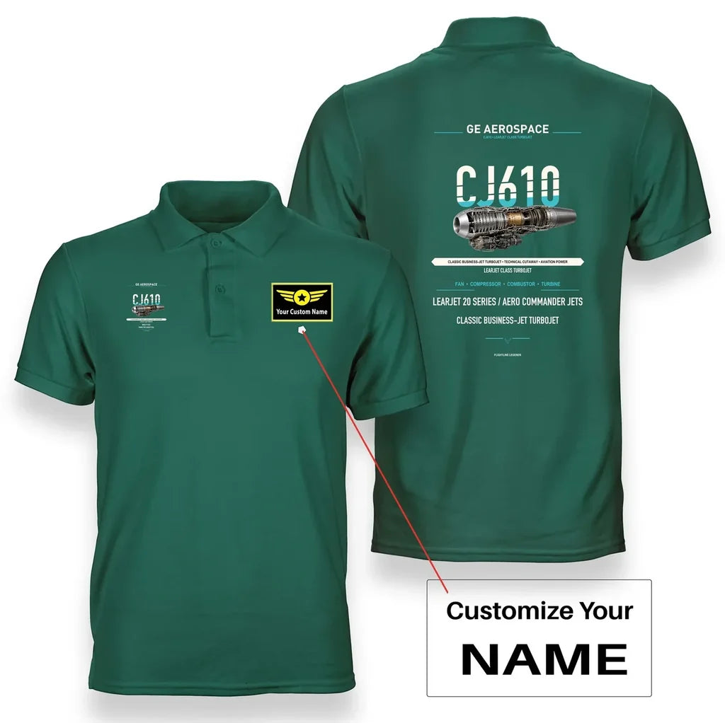 CJ610 design on green polo with custom name badge