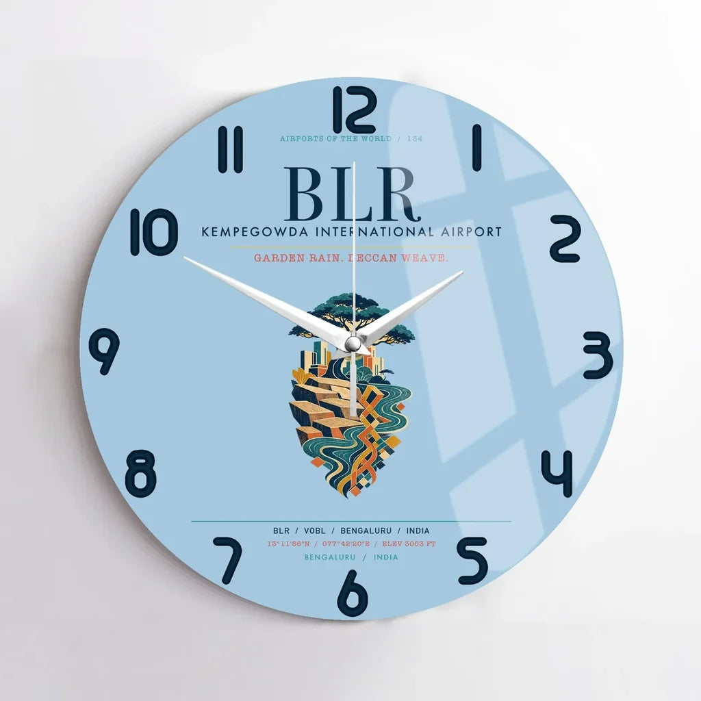 Kempegowda International Airport Bengaluru (BLR) design on light blue no frame wall clock