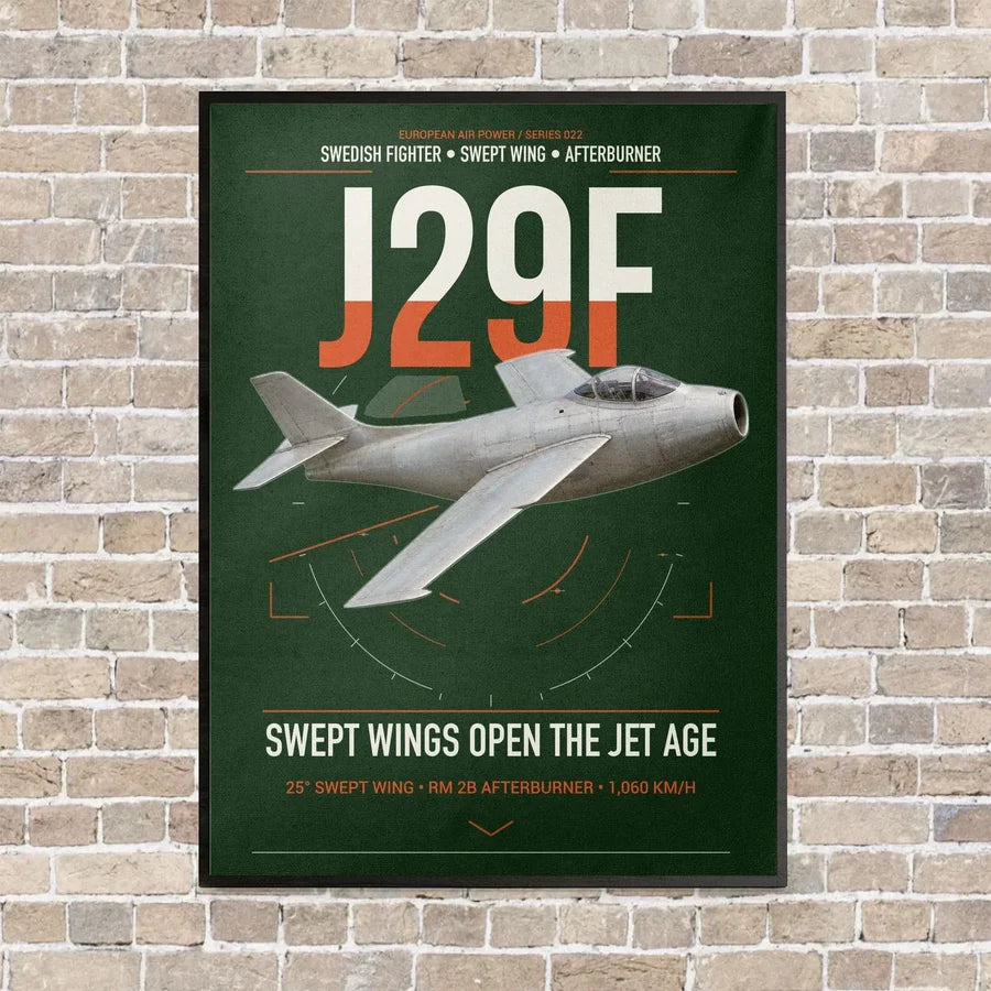 Saab J 29F Tunnan vertical canvas print - framed - dark green background