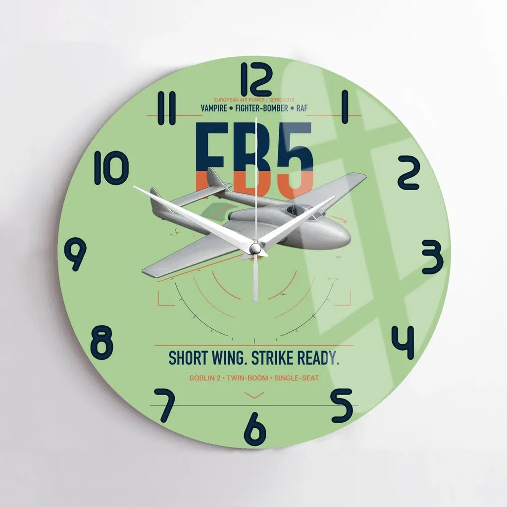 de Havilland Vampire FB5 design on light green no frame wall clock