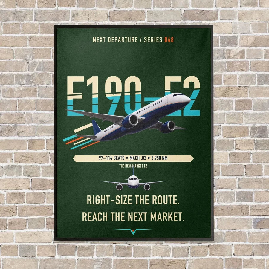 Embraer E190-E2 vertical canvas print - framed - dark green background