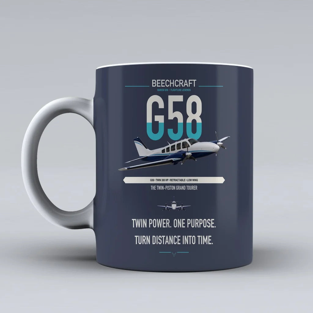 Beechcraft Baron G58 design on dark blue ceramic mug, double-side print