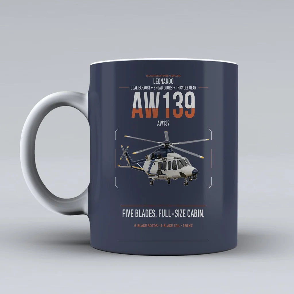Leonardo AW139 design on dark blue ceramic mug, double-side print