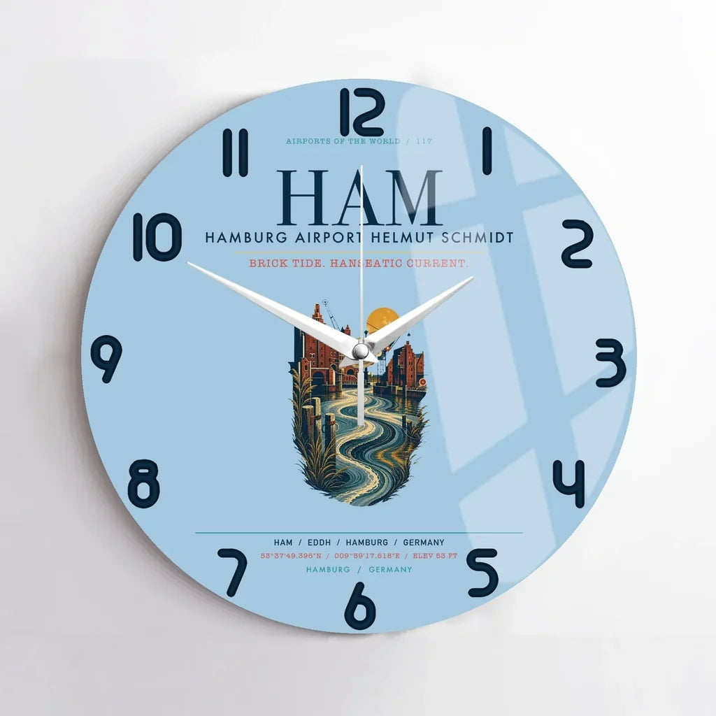 Hamburg Airport Helmut Schmidt (HAM) design on light blue no frame wall clock