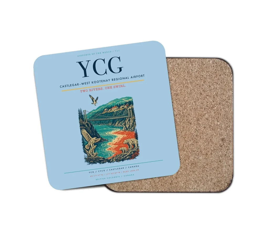 Castlegar–West Kootenay Regional Airport (YCG) design on light blue 1 piece coaster