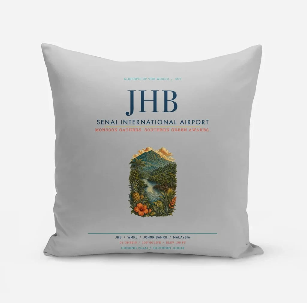 Senai International Airport Johor Bahru (JHB) design on light gray pillow