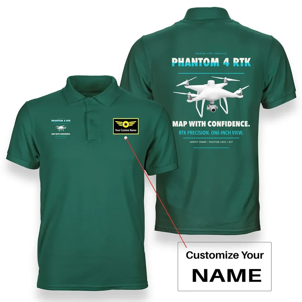 DJI Phantom 4 RTK design on green polo with custom name badge