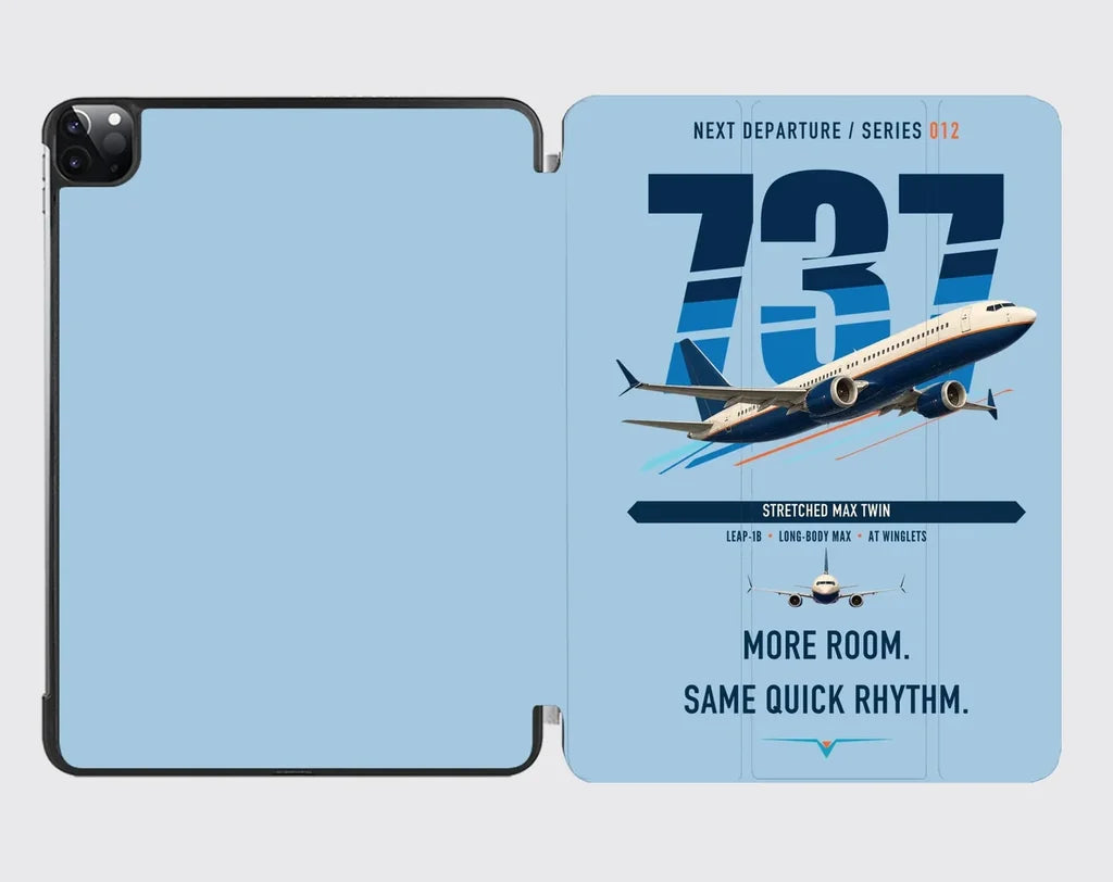 Boeing 737 MAX 9 design on light blue ipad tablet case