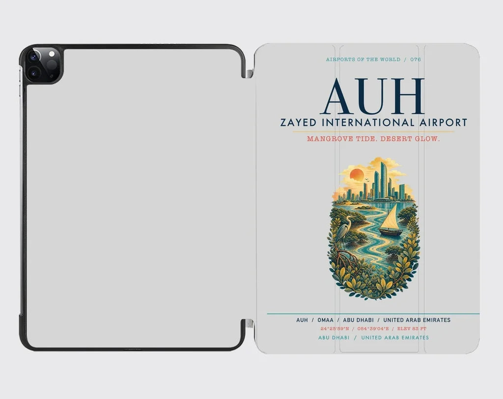 Abu Dhabi Zayed International Airport (AUH) design on light gray ipad tablet case