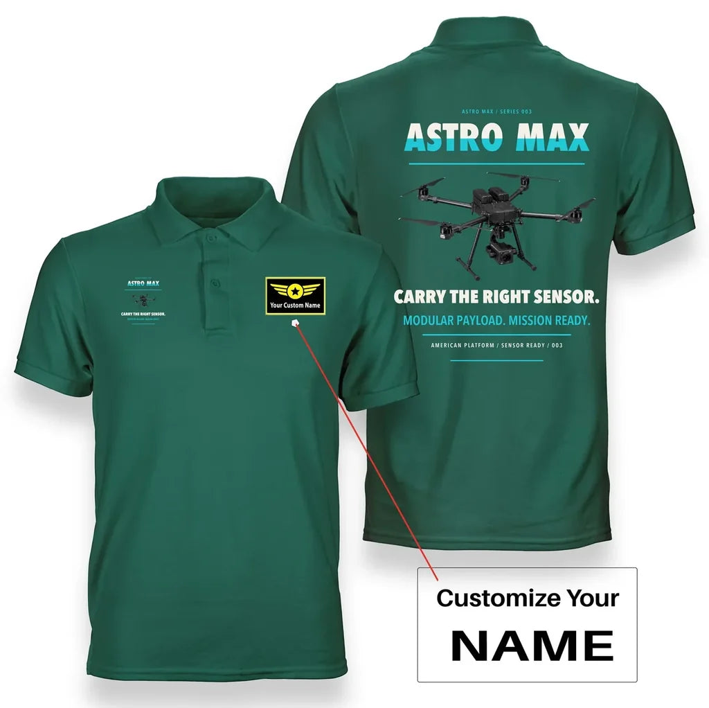 Freefly Astro Max design on green polo with custom name badge