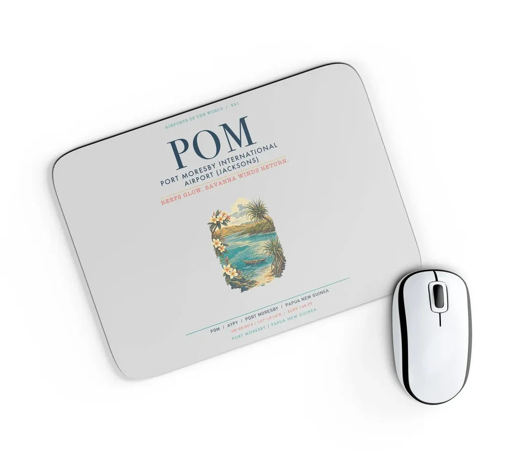 Port Moresby International Airport (POM) design on light gray rectangle mouse pad