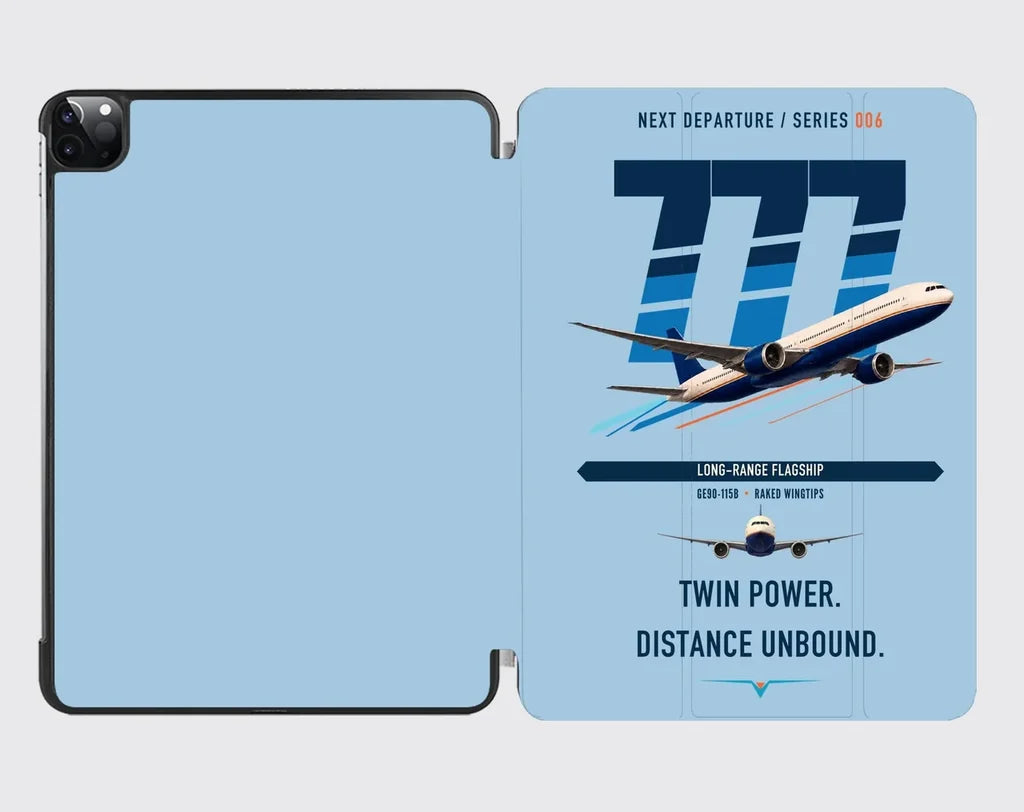 Boeing 777-300ER design on light blue ipad tablet case