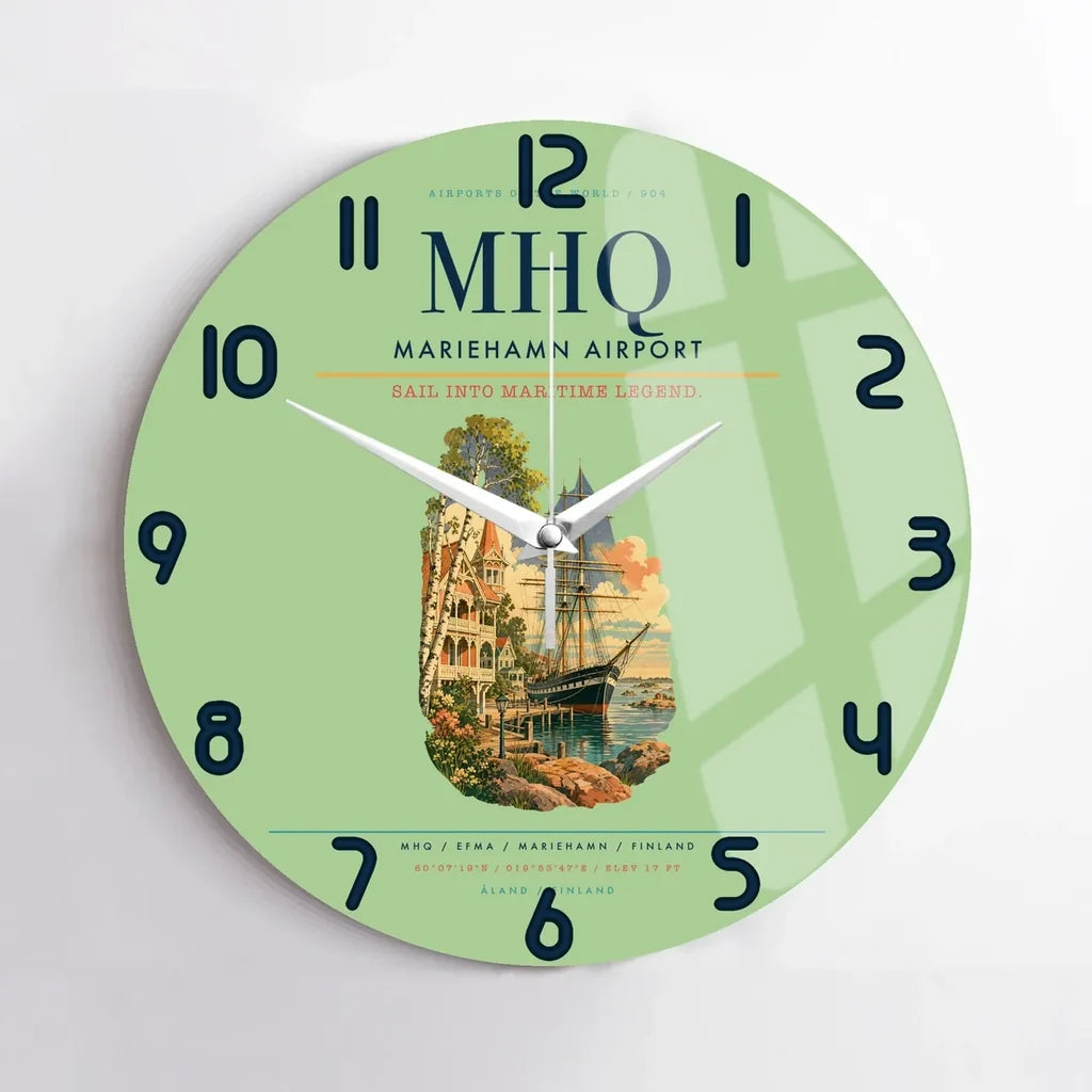 Mariehamn Airport (MHQ) design on light green no frame wall clock