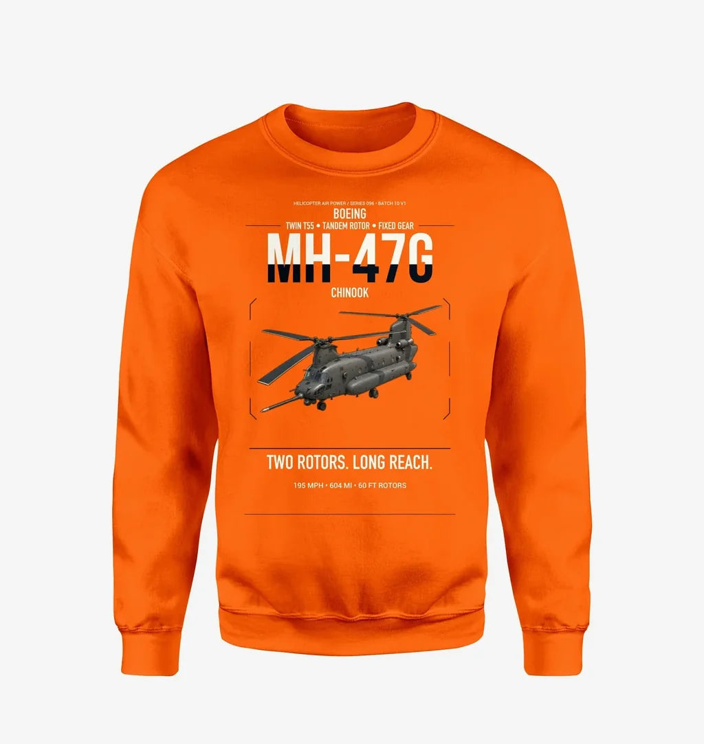 Boeing MH-47G Chinook design on orange sweatshirt