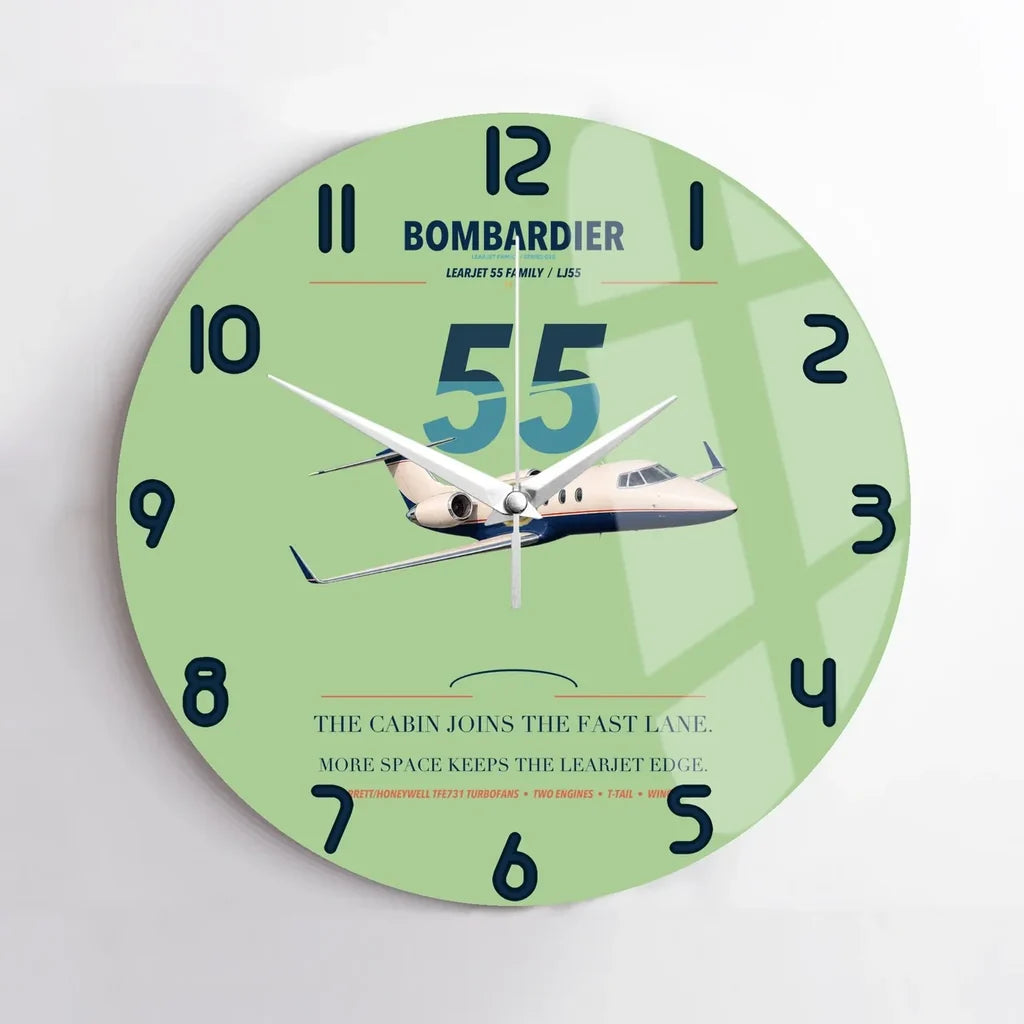 Bombardier Learjet 55 design on light green no frame wall clock