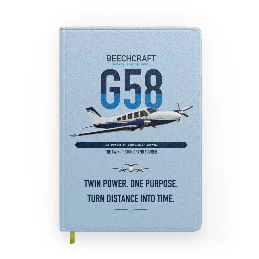 Beechcraft Baron G58 design on light blue notebook