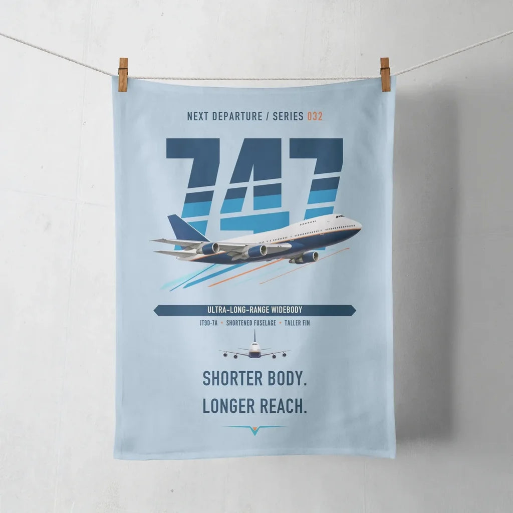 Boeing 747SP design on light blue towel