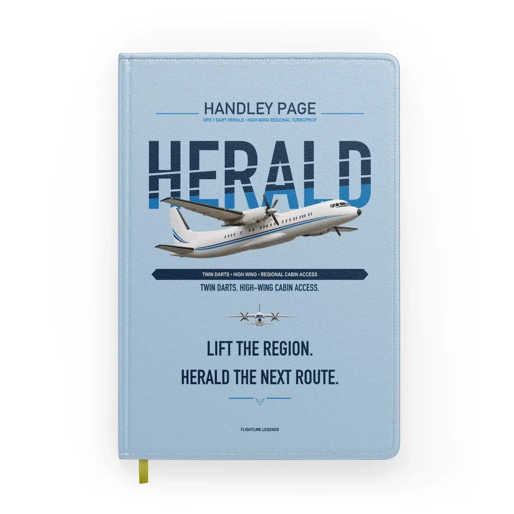 Handley Page HPR.7 Dart Herald design on light blue notebook