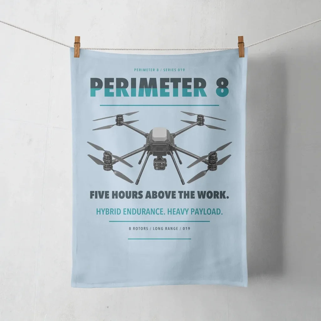 Skyfront Perimeter 8 design on light blue towel